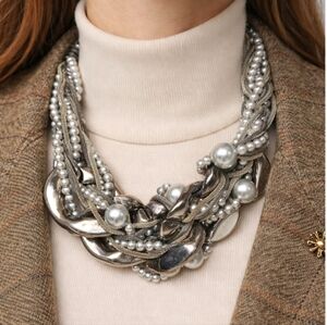 Vintage Large Silver Tone Multi Strand/Texture Braided Necklace W/Clasp 20 In.